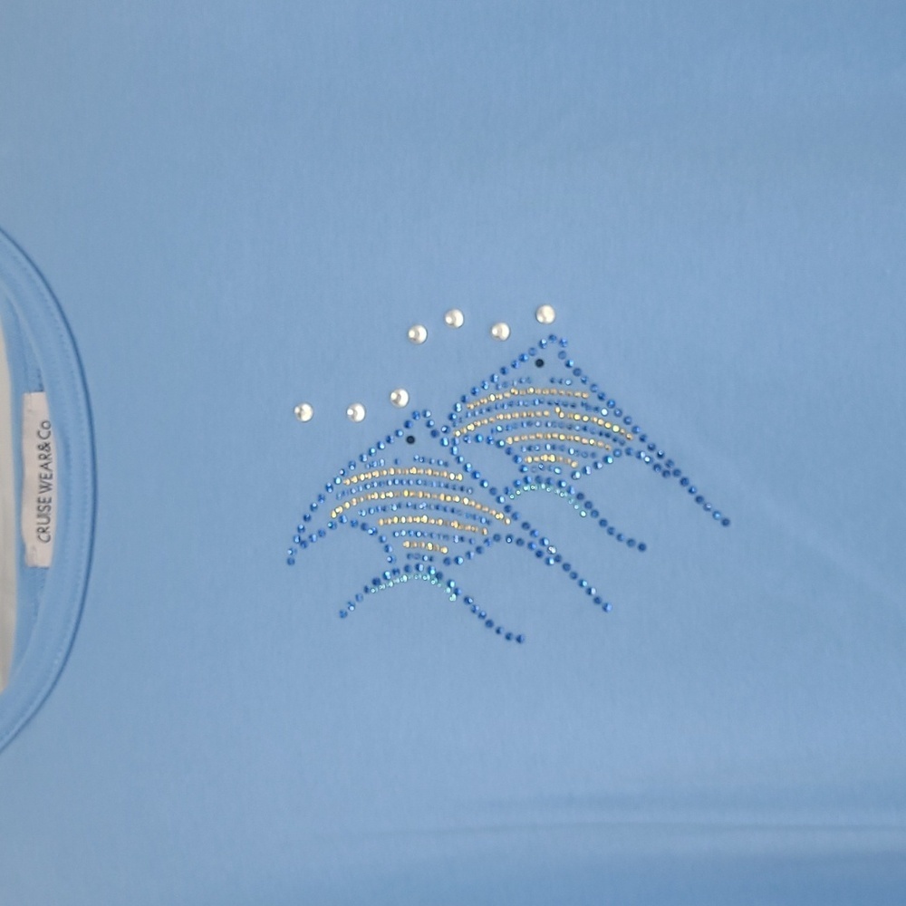 Short Sleeve T-shirt Top Pastel Blue Crystal Tropical Angel Fish Crew Cotton EUC